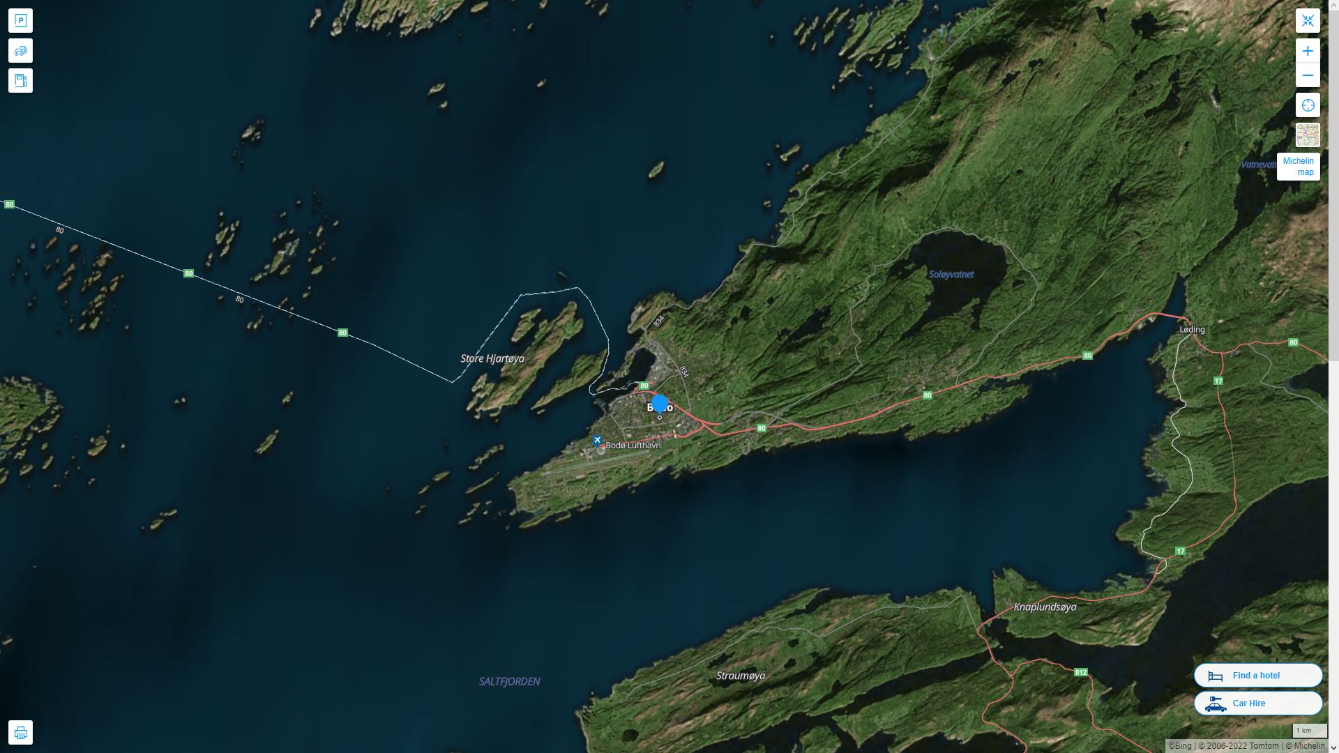 Bodo Norvege Autoroute et carte routiere avec vue satellite